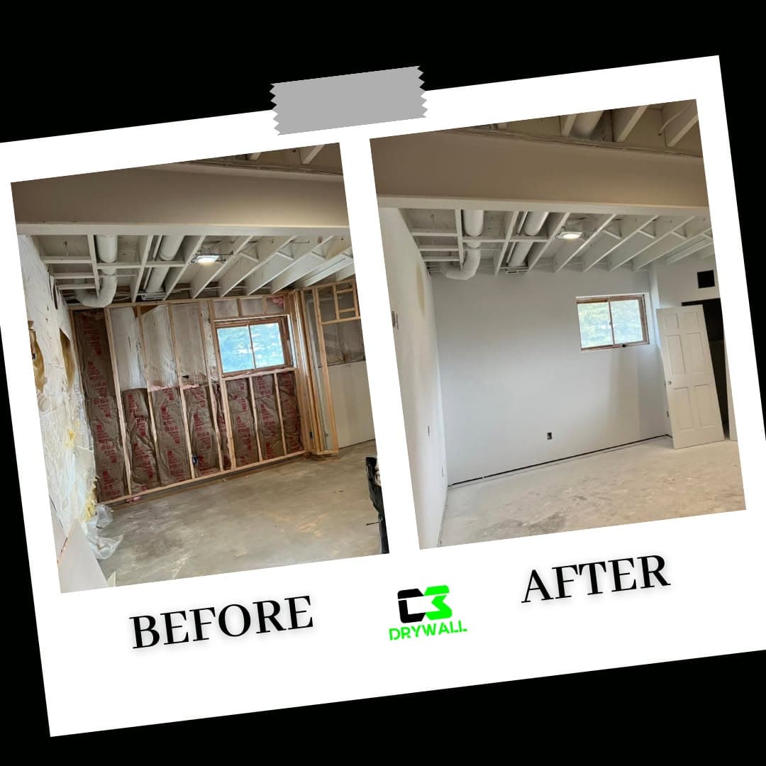 Before and after of a basement finish: open framing with insulation, then finished, paint-ready drywall walls.