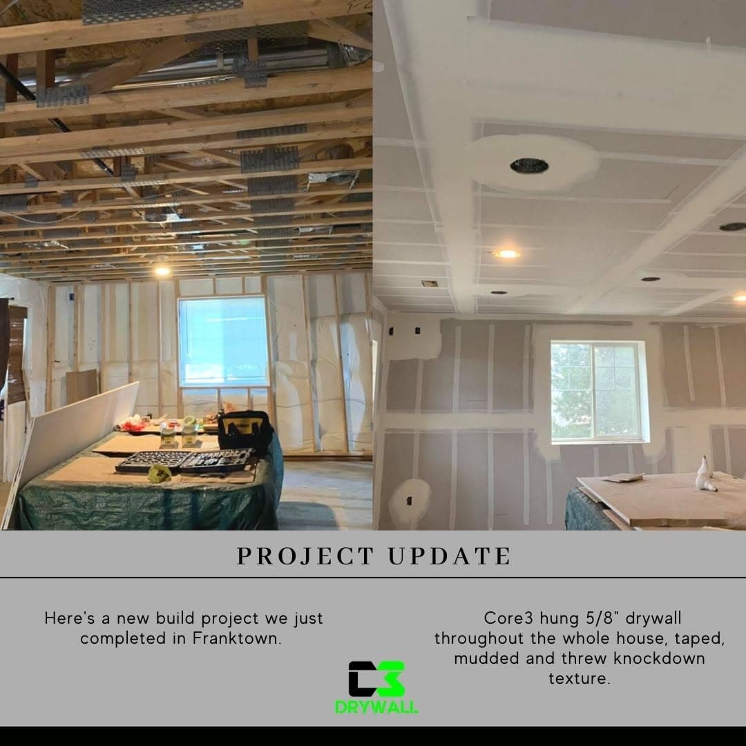 Before and after of a new-build home in Franktown: open trusses and framing, then drywall hung, taped, mudded, and knockdown textured.