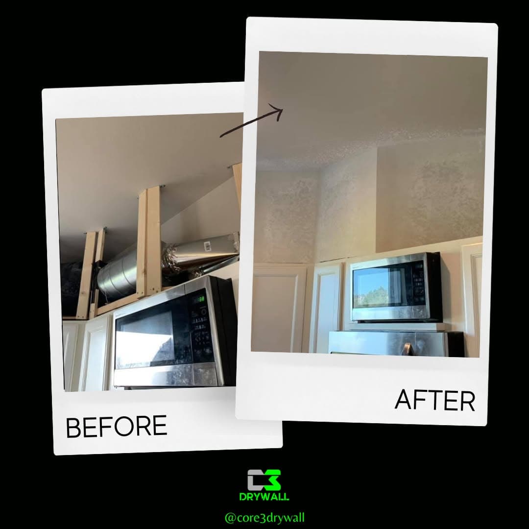 Before and after of a kitchen soffit: exposed ductwork and framing above the microwave, then enclosed and textured to match the surrounding ceiling.